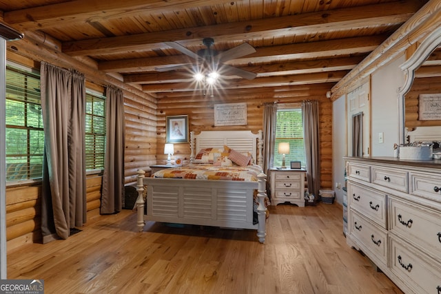 bedroom featuring rustic walls, wood ceiling, beamed ceiling, and light wood-style floors