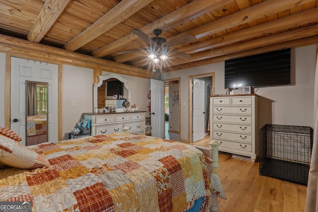 bedroom with wood ceiling, light wood finished floors, beamed ceiling, and a ceiling fan