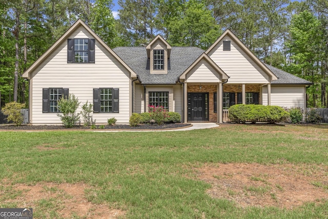 view of front of home featuring a shingled roof and a front yard