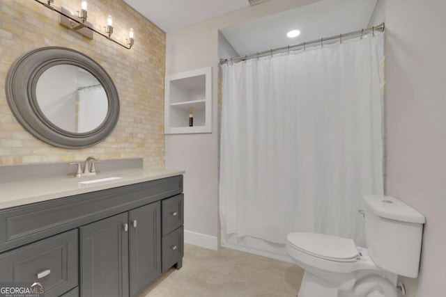 1025 Saint Marks Walk, Suwanee, GA 30024 - bathroom with toilet, vanity, decorative backsplash, tile patterned flooring, and a shower with curtain