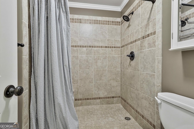 full bathroom with ornamental molding, a stall shower, and toilet