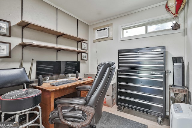 office with wood finished floors, ornamental molding, and a wall unit AC