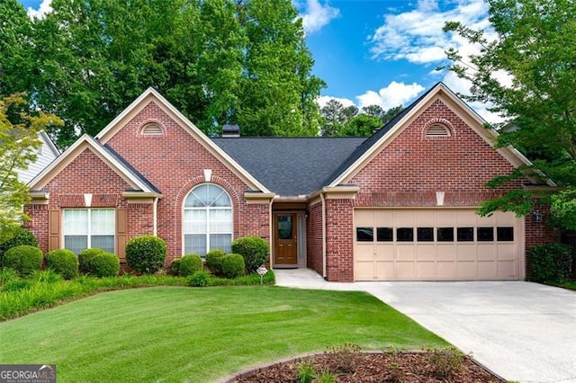 view of front facade with brick siding, an attached garage, driveway, and a front yard
