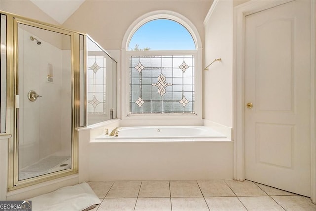 4045 Bonnett Creek Ln, Hoschton, GA 30548 - bathroom featuring a garden tub, a shower stall, and tile patterned flooring