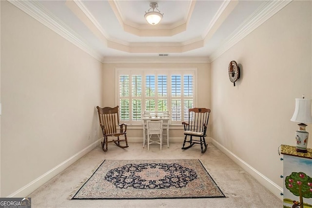4045 Bonnett Creek Ln, Hoschton, GA 30548 - living area with a raised ceiling, carpet floors, crown molding, and baseboards