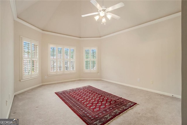 4045 Bonnett Creek Ln, Hoschton, GA 30548 - carpeted spare room with crown molding, baseboards, a ceiling fan, and vaulted ceiling