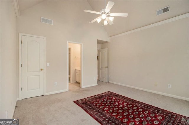 4045 Bonnett Creek Ln, Hoschton, GA 30548 - unfurnished bedroom featuring light carpet, high vaulted ceiling, baseboards, and a ceiling fan