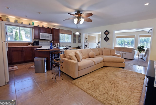327 Chatuge Village Cir, Hayesville, NC 28904 - living room with ceiling fan, plenty of natural light, light tile patterned floors, and recessed lighting
