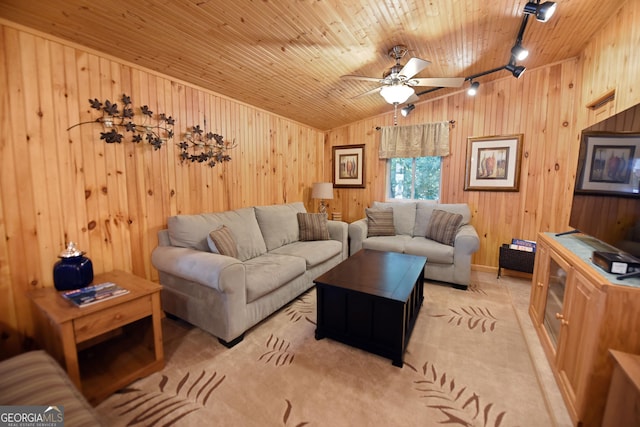 327 Chatuge Village Cir, Hayesville, NC 28904 - living room featuring track lighting, lofted ceiling, wood walls, a ceiling fan, and light carpet
