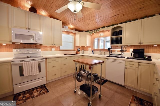 327 Chatuge Village Cir, Hayesville, NC 28904 - kitchen with white appliances, a sink, wooden ceiling, a ceiling fan, and light countertops