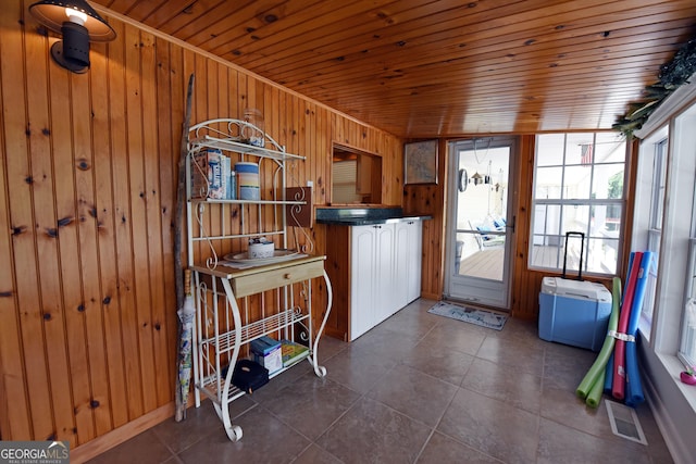 327 Chatuge Village Cir, Hayesville, NC 28904 - kitchen with wooden walls, wooden ceiling, dark countertops, and dark tile patterned floors