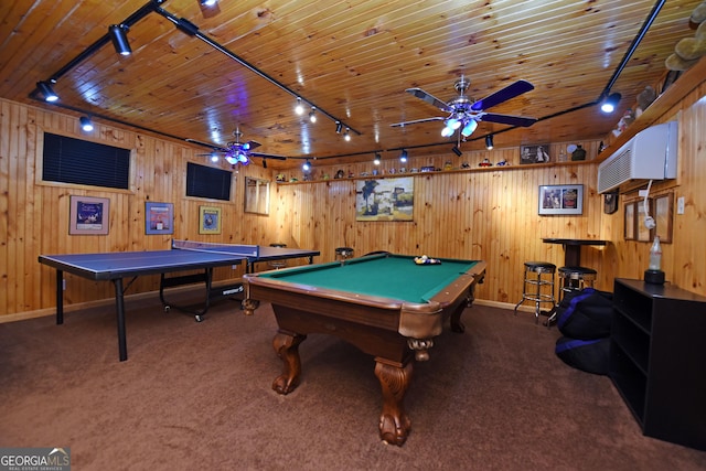 327 Chatuge Village Cir, Hayesville, NC 28904 - recreation room with rail lighting, ceiling fan, baseboards, carpet flooring, and wood walls