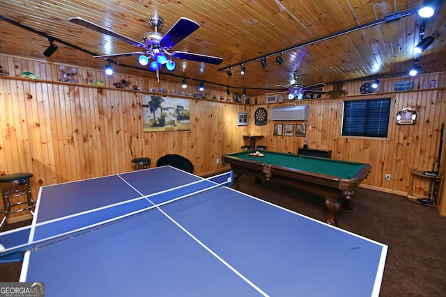 327 Chatuge Village Cir, Hayesville, NC 28904 - playroom with rail lighting, ceiling fan, wood walls, an AC wall unit, and pool table