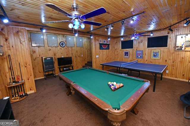 327 Chatuge Village Cir, Hayesville, NC 28904 - recreation room with rail lighting, ceiling fan, baseboards, carpet floors, and wood walls