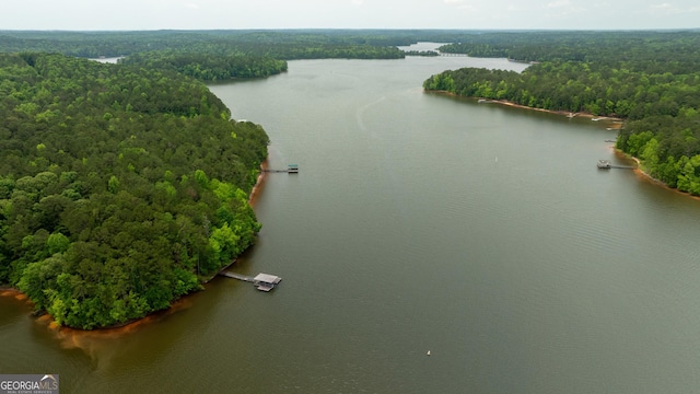 drone / aerial view of a nearby body of water and a forest