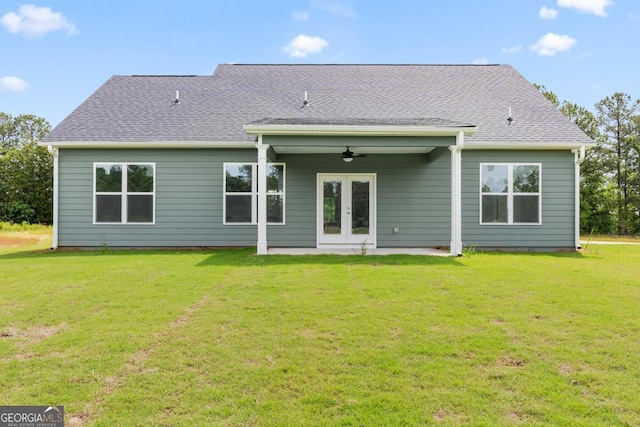 123 Oak Rd, Locust Grove, GA 30248 - rear view of house with french doors, a yard, a ceiling fan, and a patio area