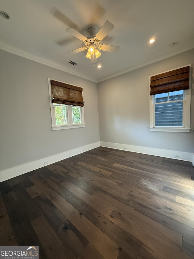 10583 Serenbe Ln, Palmetto, GA 30268 - unfurnished room featuring crown molding, dark wood finished floors, a ceiling fan, recessed lighting, and a smoke detector