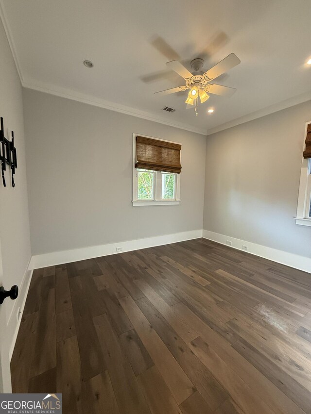 10583 Serenbe Ln, Palmetto, GA 30268 - unfurnished room featuring ornamental molding, dark wood-type flooring, a ceiling fan, and recessed lighting