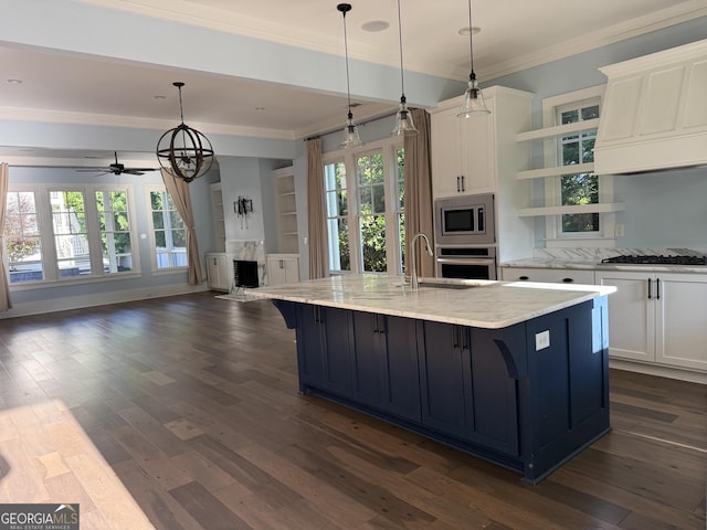 10583 Serenbe Ln, Palmetto, GA 30268 - kitchen with ornamental molding, stainless steel appliances, white cabinets, and dark wood finished floors