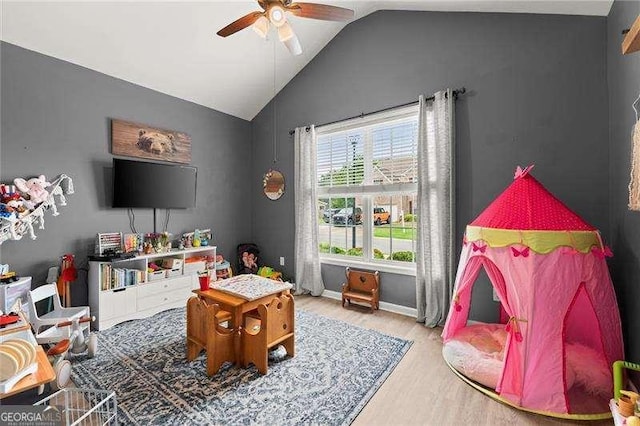 214 Crestmont Way, Canton, GA 30114 - recreation room featuring wood finished floors, ceiling fan, and vaulted ceiling