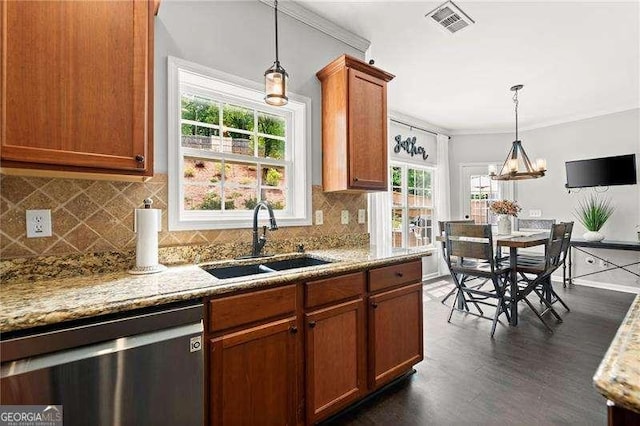 214 Crestmont Way, Canton, GA 30114 - kitchen featuring stainless steel dishwasher, a sink, crown molding, plenty of natural light, and decorative backsplash