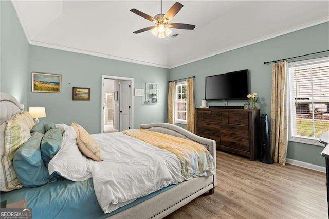 214 Crestmont Way, Canton, GA 30114 - bedroom featuring wood finished floors, multiple windows, crown molding, baseboards, and ceiling fan