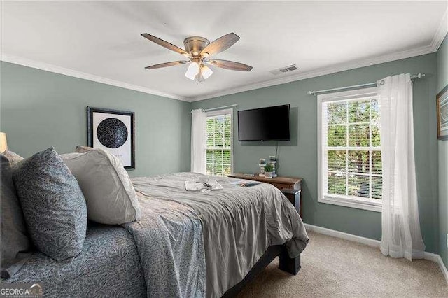 214 Crestmont Way, Canton, GA 30114 - carpeted bedroom featuring baseboards, crown molding, and a ceiling fan
