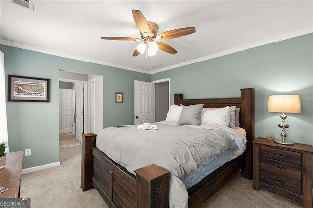 214 Crestmont Way, Canton, GA 30114 - bedroom featuring light carpet, ornamental molding, baseboards, and ceiling fan
