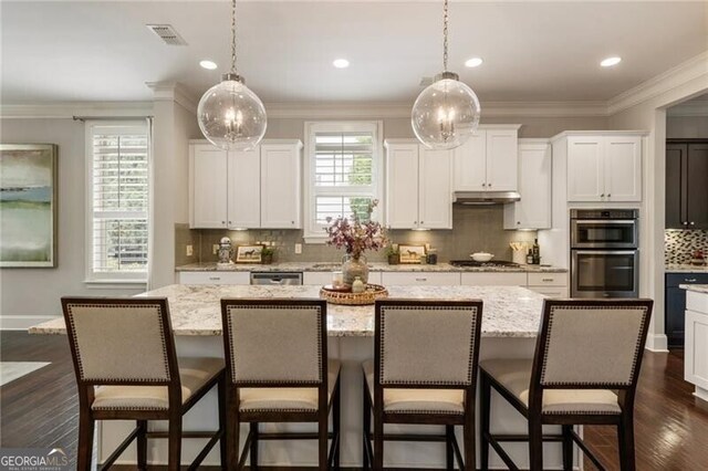 3000 Haven Mill Ln, Milton, GA 30004 - kitchen featuring stainless steel appliances, under cabinet range hood, white cabinetry, light stone counters, and crown molding