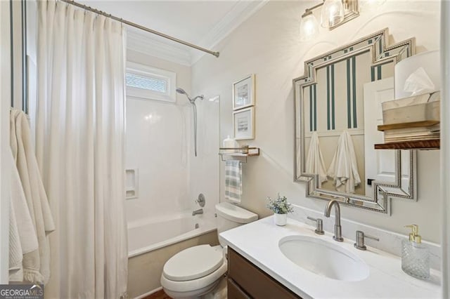 full bath with ornamental molding, toilet, shower / bath combo, and vanity