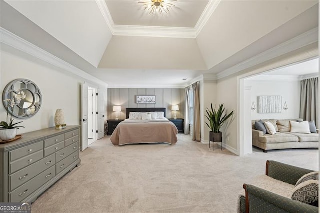 bedroom with light carpet, ornamental molding, a tray ceiling, and baseboards