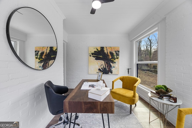 1870 Avon Ave SW, Atlanta, GA 30311 - office featuring plenty of natural light, brick wall, wood finished floors, ceiling fan, and ornamental molding