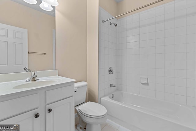 full bath with toilet, vanity, shower / tub combination, and tile patterned floors