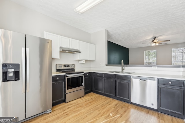 103 Timber Ridge Dr, Cartersville, GA 30121 - kitchen featuring appliances with stainless steel finishes, a sink, under cabinet range hood, a textured ceiling, and a ceiling fan