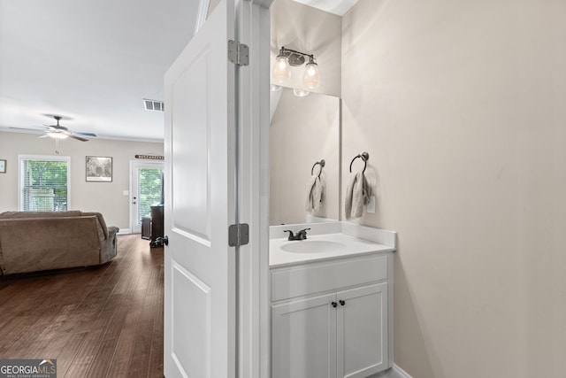 3875 Valley View Ct, Gainesville, GA 30501 - bathroom featuring vanity, wood finished floors, and ceiling fan