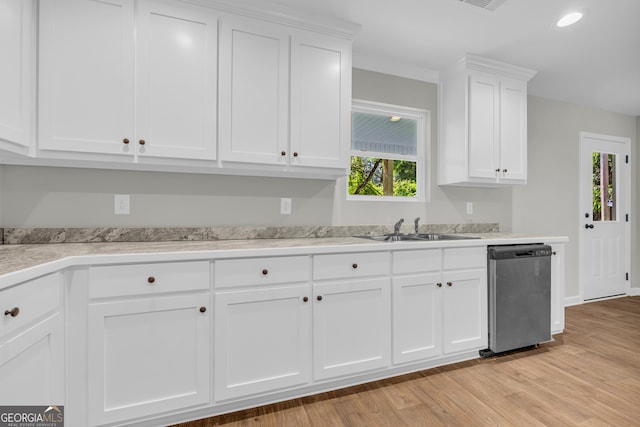 350 Maple St, Hartwell, GA 30643 - kitchen featuring stainless steel dishwasher, light countertops, light wood finished floors, white cabinets, and recessed lighting