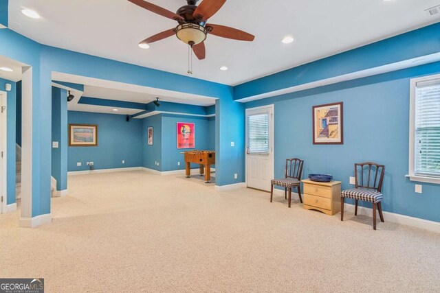 1316 Wind Chime Ct, Lawrenceville, GA 30045 - sitting room with carpet floors, a ceiling fan, baseboards, and recessed lighting
