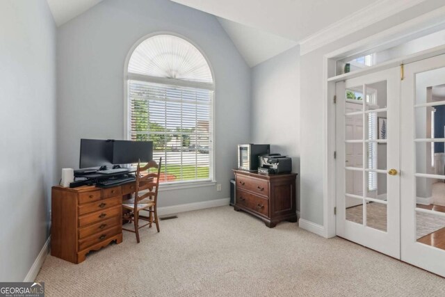 1316 Wind Chime Ct, Lawrenceville, GA 30045 - carpeted office with french doors, lofted ceiling, and baseboards