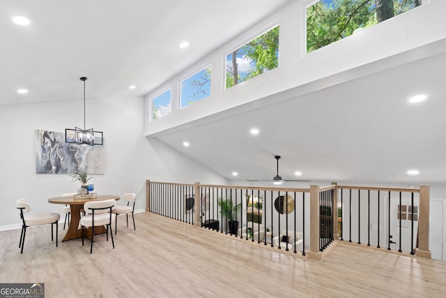 4058 Daron Ct, Ellenwood, GA 30294 - dining space featuring a towering ceiling, recessed lighting, wood finished floors, baseboards, and a ceiling fan