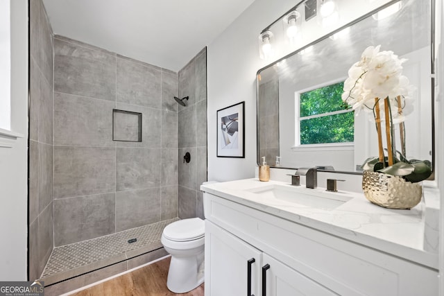 4058 Daron Ct, Ellenwood, GA 30294 - bathroom featuring tiled shower, toilet, vanity, and wood finished floors