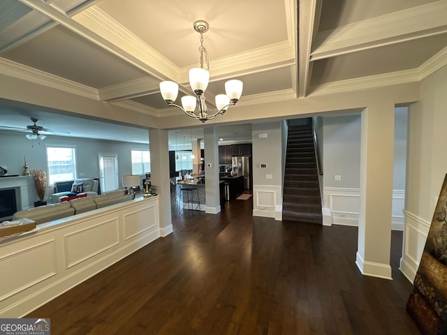 419 Woodmill Way SW, South Fulton, GA 30331 - living area featuring stairs, coffered ceiling, a chandelier, dark wood finished floors, and ornamental molding