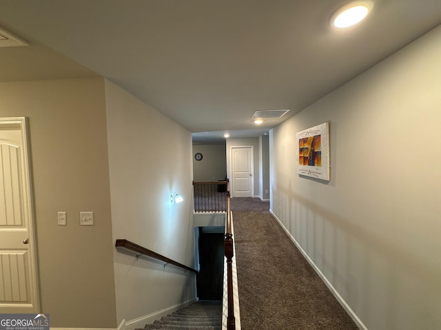 419 Woodmill Way SW, South Fulton, GA 30331 - corridor with an upstairs landing, dark carpet, and baseboards
