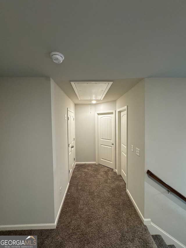 419 Woodmill Way SW, South Fulton, GA 30331 - corridor with attic access, dark colored carpet, and baseboards