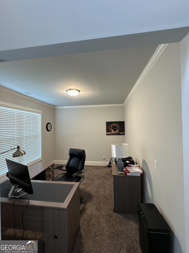 419 Woodmill Way SW, South Fulton, GA 30331 - home office featuring crown molding, dark colored carpet, and baseboards
