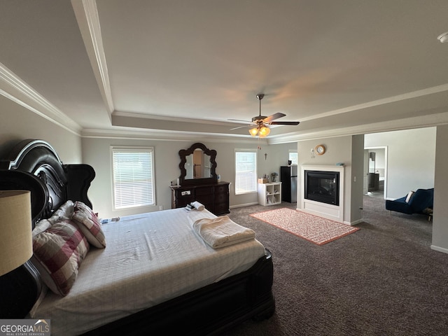 419 Woodmill Way SW, South Fulton, GA 30331 - bedroom with a raised ceiling, freestanding refrigerator, carpet flooring, ornamental molding, and a ceiling fan