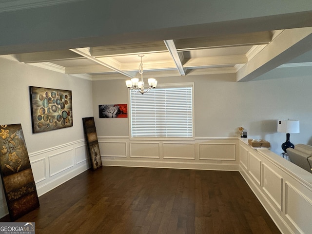 419 Woodmill Way SW, South Fulton, GA 30331 - unfurnished dining area with beam ceiling, dark wood finished floors, crown molding, a decorative wall, and a chandelier