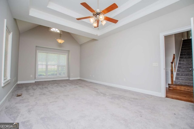 5995 Azalea Ridge Dr, Douglasville, GA 30135 - unfurnished room with carpet, stairway, a raised ceiling, and ceiling fan