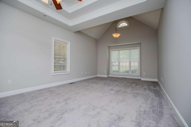 5995 Azalea Ridge Dr, Douglasville, GA 30135 - carpeted empty room featuring a ceiling fan, baseboards, ornamental molding, and a towering ceiling