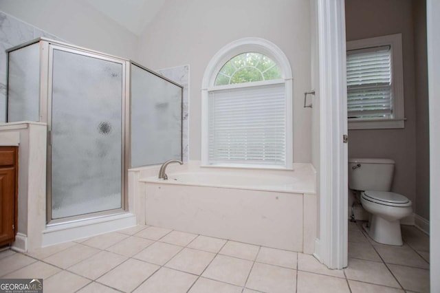 5995 Azalea Ridge Dr, Douglasville, GA 30135 - full bathroom featuring tile patterned flooring, a bath, a shower stall, toilet, and vaulted ceiling