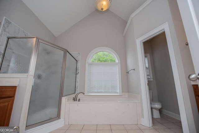 5995 Azalea Ridge Dr, Douglasville, GA 30135 - full bath with a stall shower, toilet, tile patterned flooring, a bath, and lofted ceiling